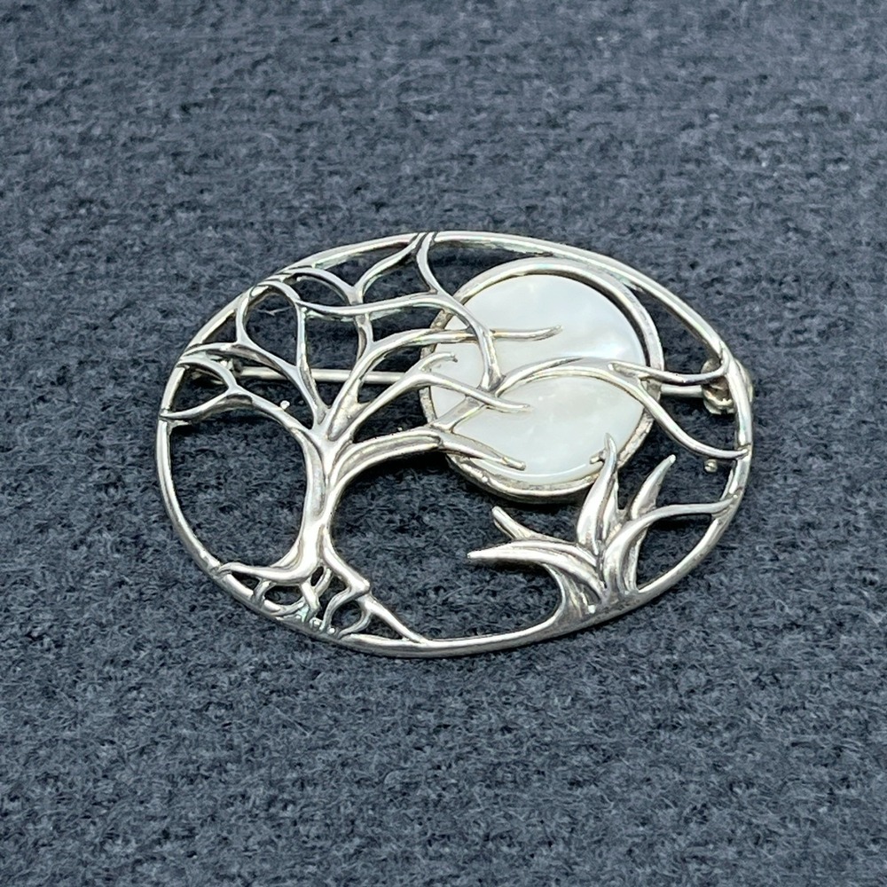 Jezlaine Sterling Silver Brooch Trees MOP Full Moon Winter Moon Celestial 925